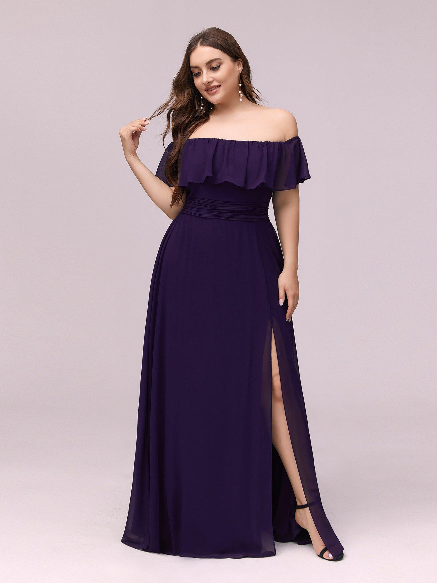 Robe de soirée grande taille à volants et épaules dénudéess #Couleur_Violet Fonce