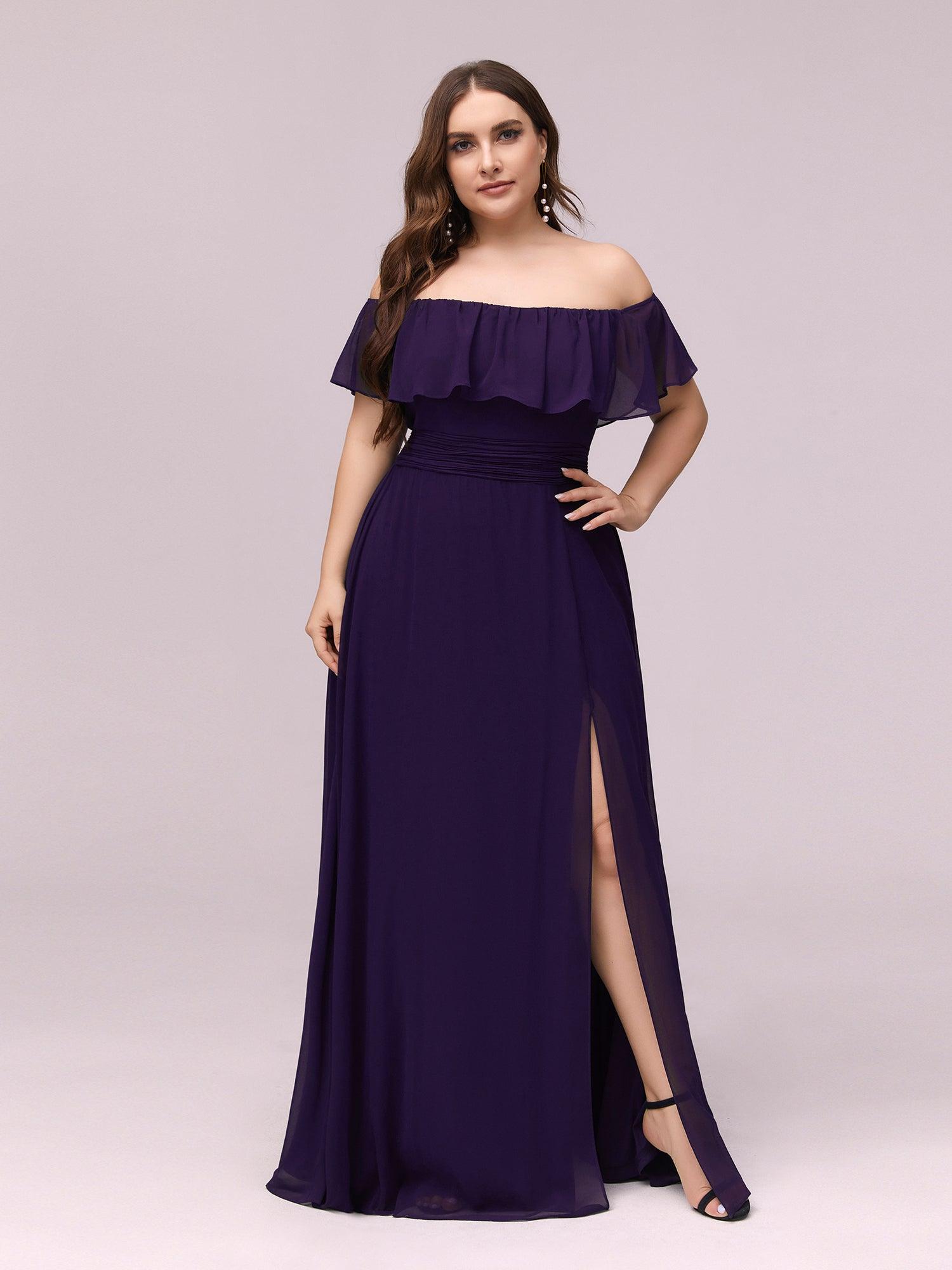 Robe de soirée grande taille à volants et épaules dénudéess #Couleur_Violet Fonce