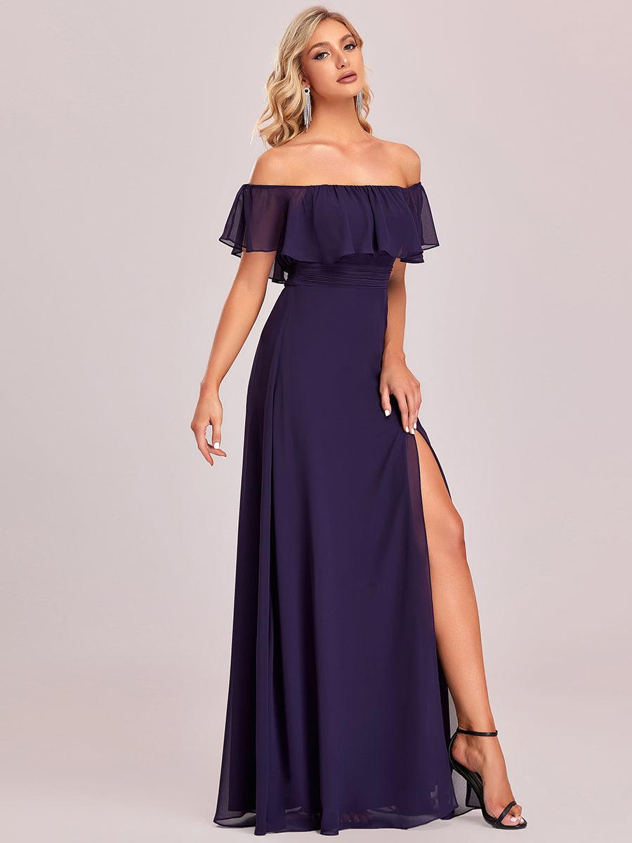 Robe demoiselle dhonneur décolletées à volants et fentes à la cuisse pour femmes #Couleur_Violet Fonce