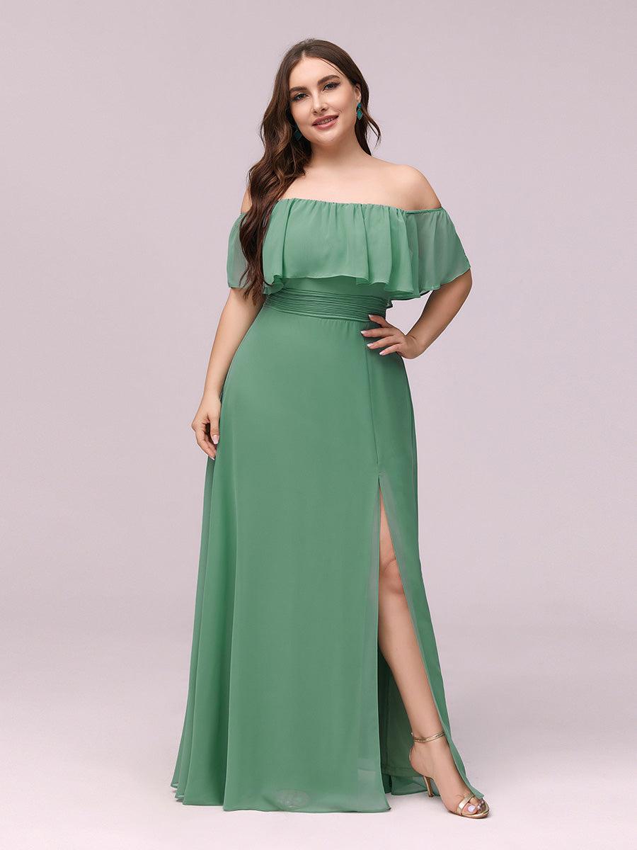 Grande talle Robe de demoiselle d'honneur à volants et épaules dénudées #Couleur_Haricot Vert