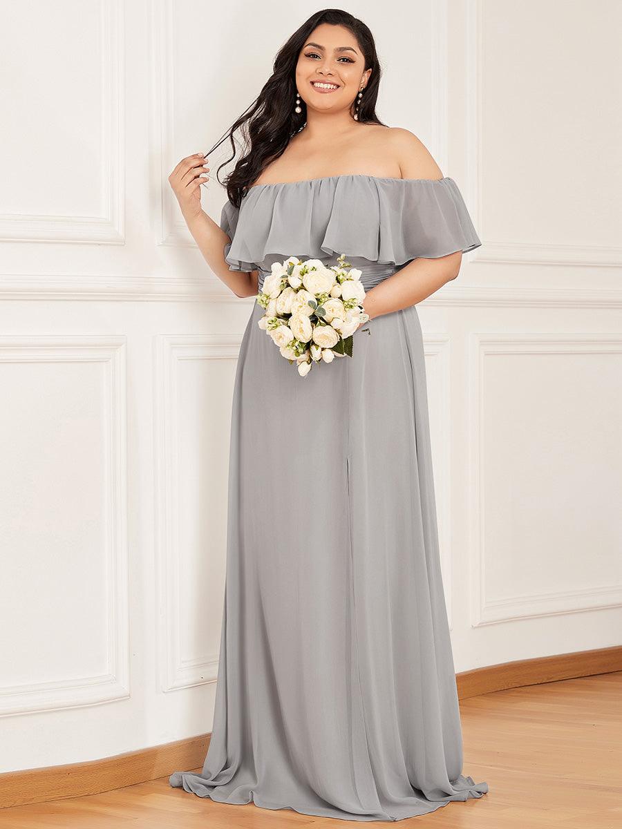 Grande talle Robe de demoiselle d'honneur à volants et épaules dénudées #Couleur_Gris