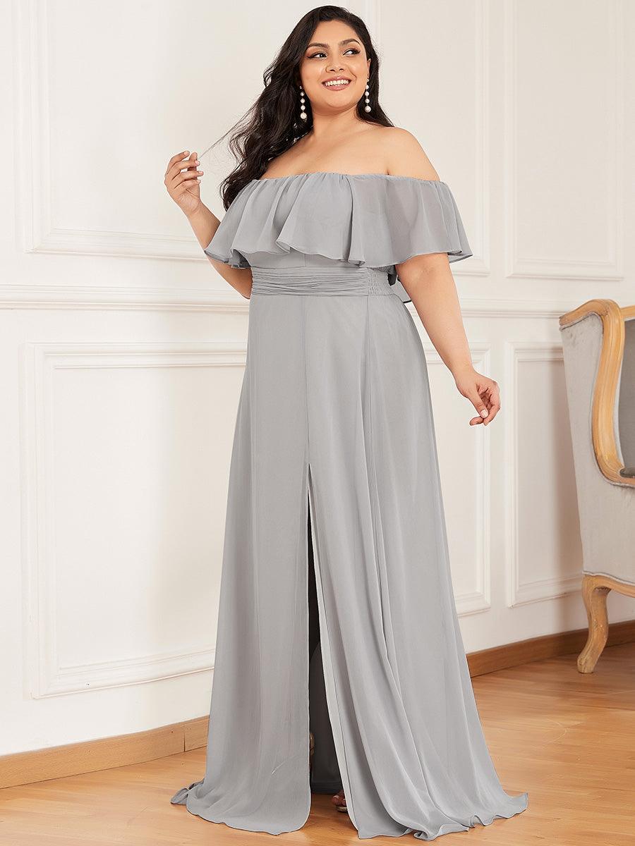 Grande talle Robe de demoiselle d'honneur à volants et épaules dénudées #Couleur_Gris