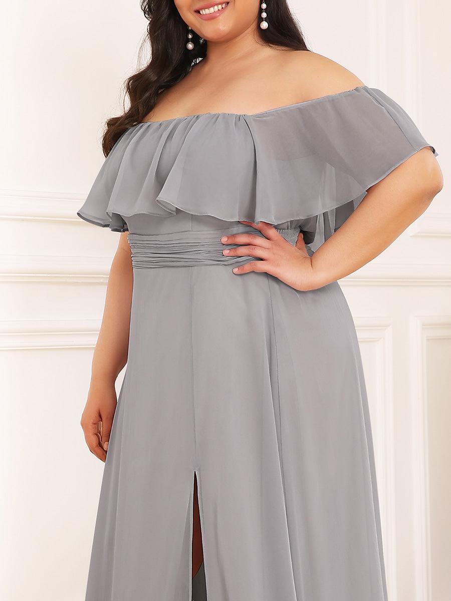 Grande talle Robe de demoiselle d'honneur à volants et épaules dénudées #Couleur_Gris