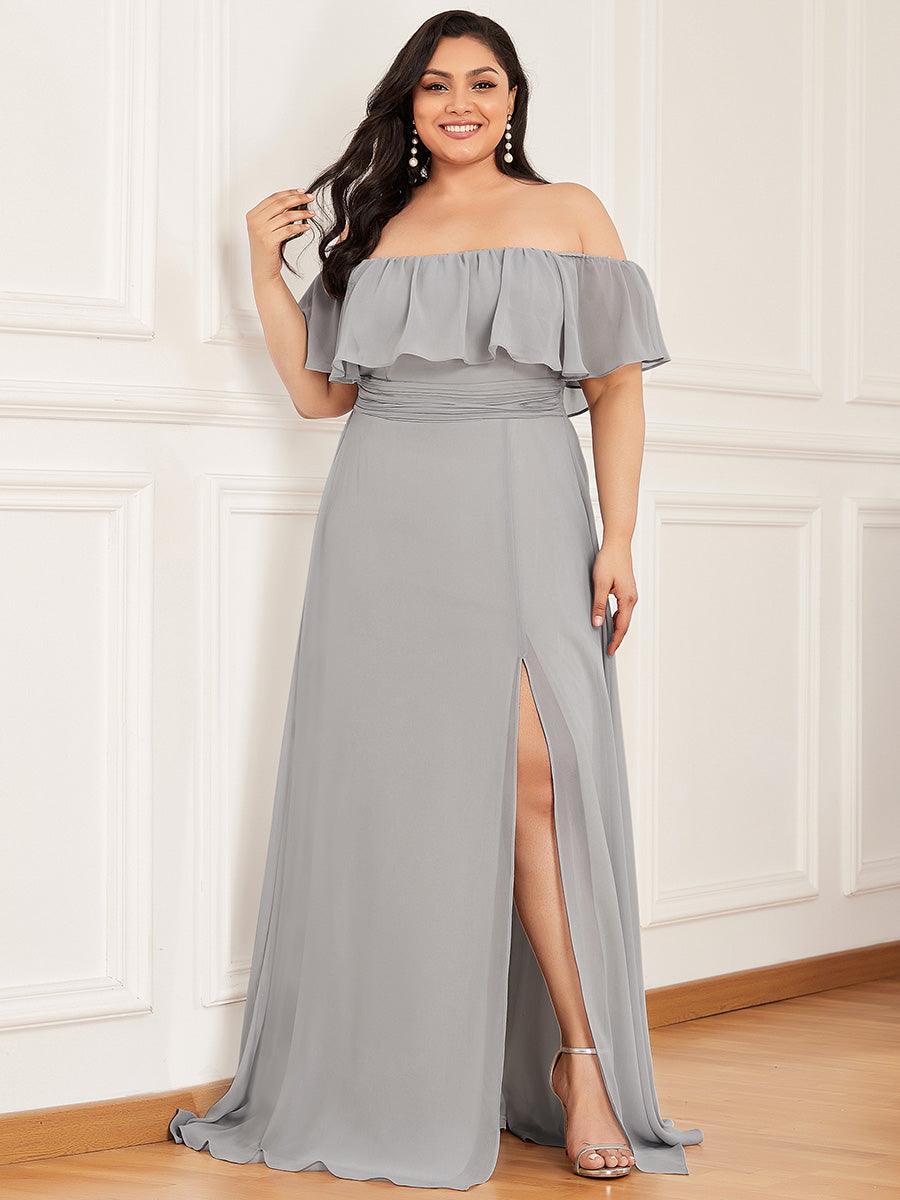 Grande talle Robe de demoiselle d'honneur à volants et épaules dénudées #Couleur_Gris