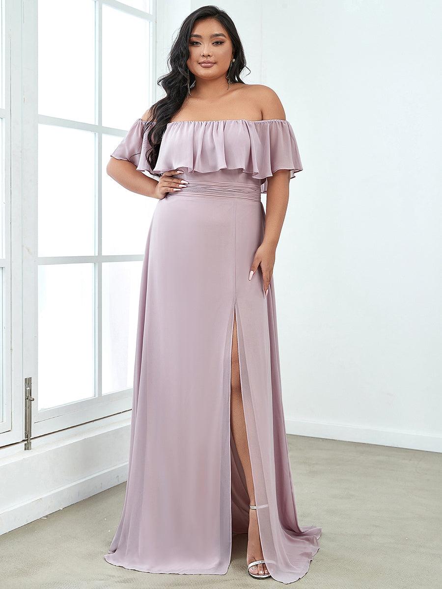 Robe de soirée grande taille à volants et épaules dénudéess #Couleur_Lilas