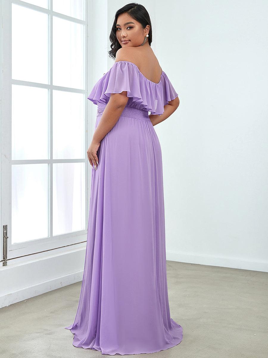 Robe de soirée grande taille à volants et épaules dénudéess #Couleur_Lavande