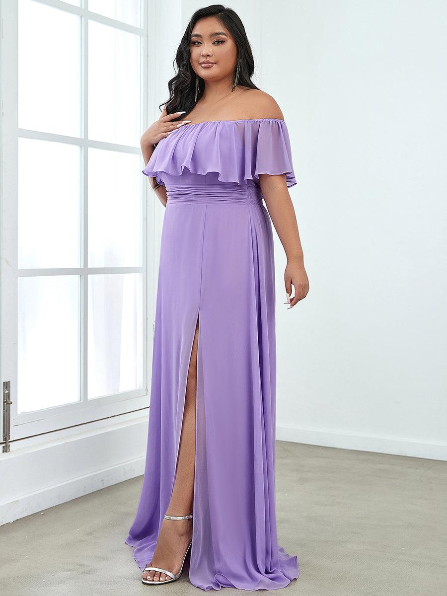 Robe de soirée grande taille à volants et épaules dénudéess #Couleur_Lavande