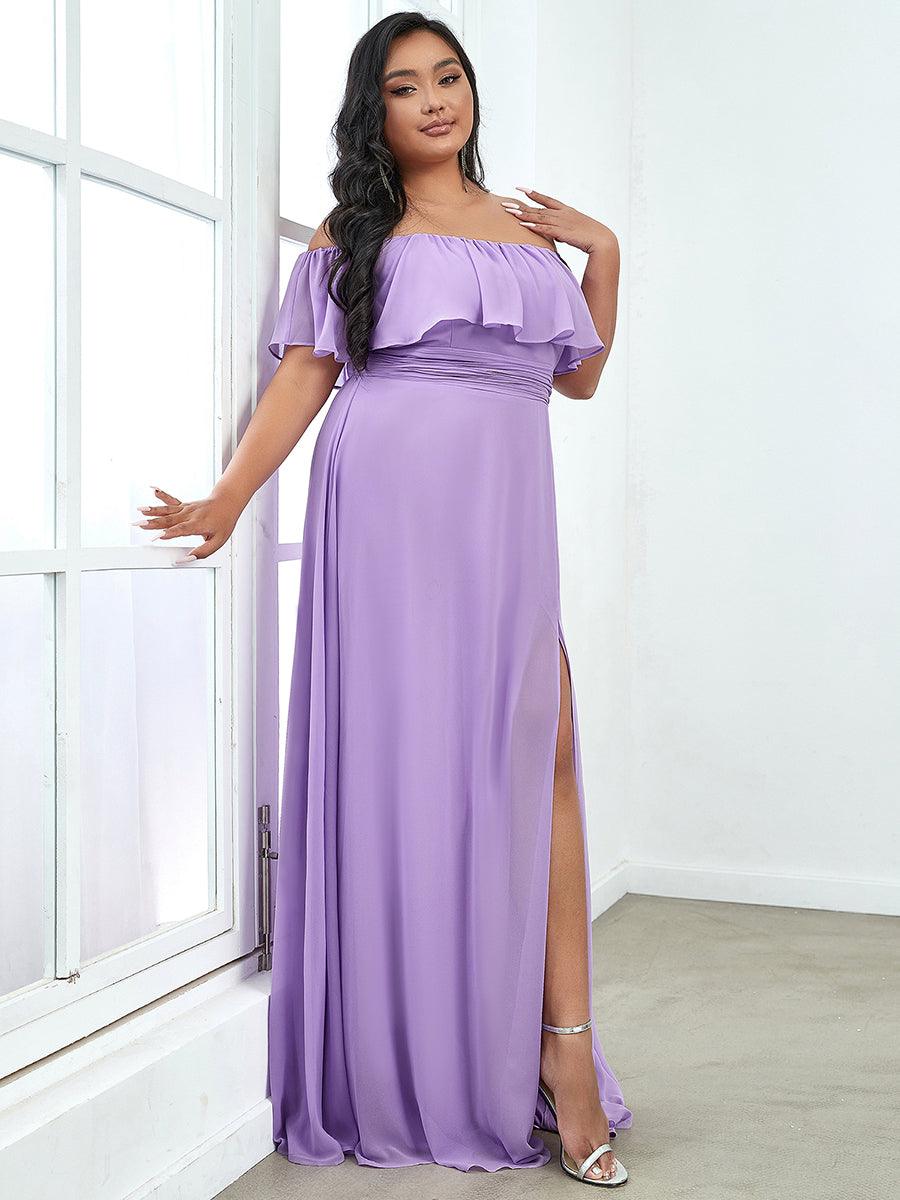 Robe de soirée grande taille à volants et épaules dénudéess #Couleur_Lavande