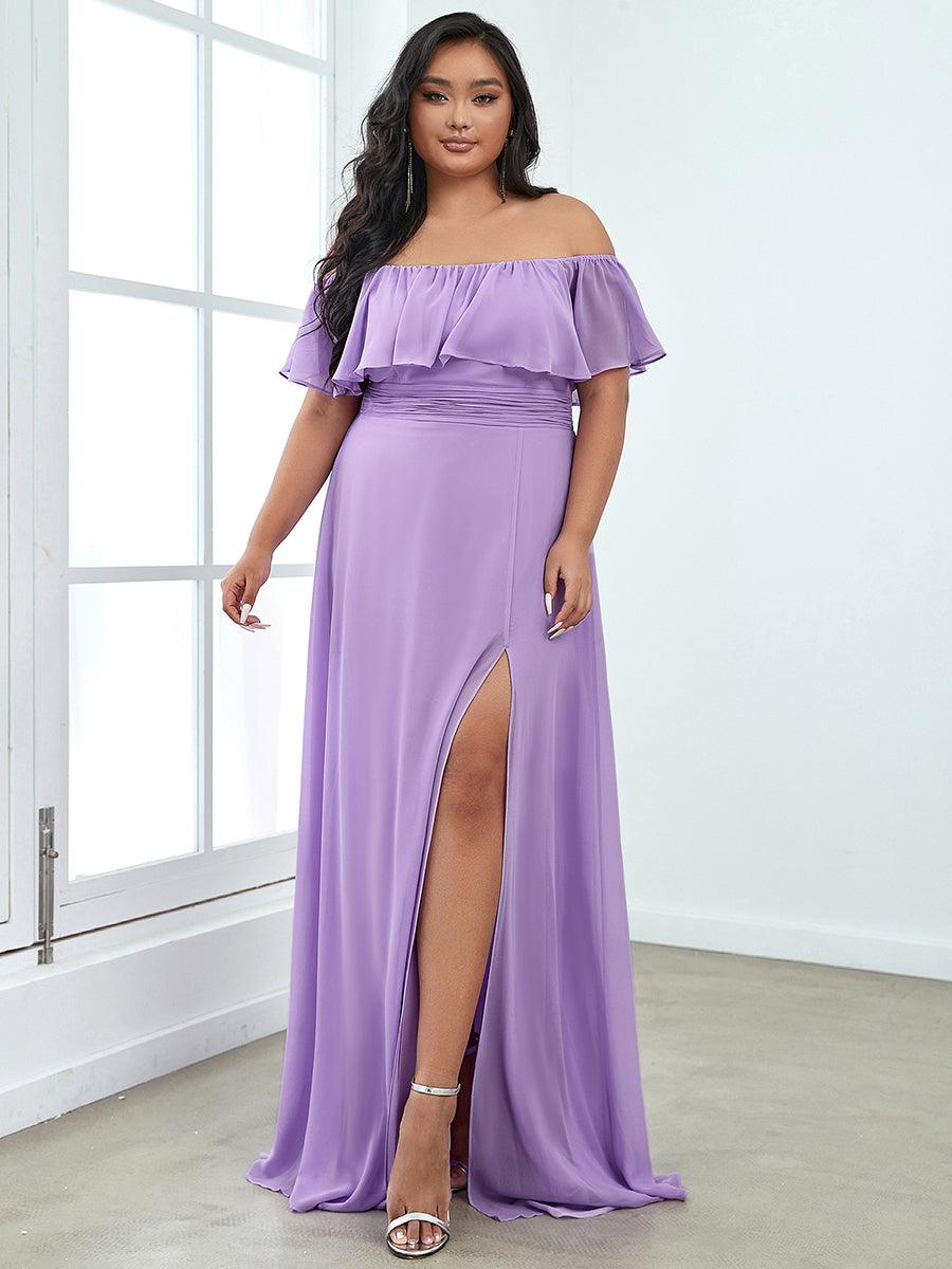 Robe de soirée grande taille à volants et épaules dénudéess #Couleur_Lavande