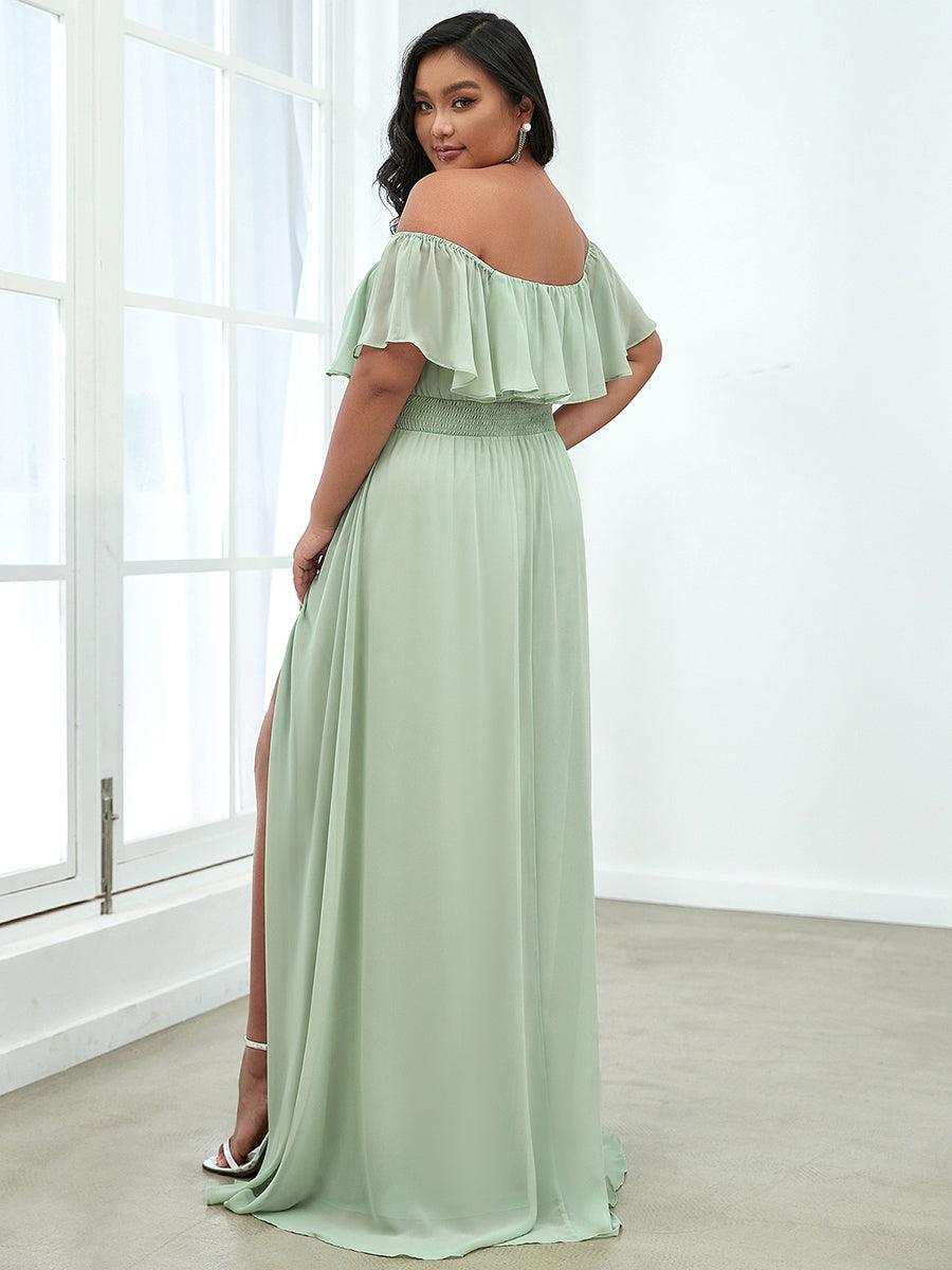 Robe de soirée grande taille à volants et épaules dénudéess #Couleur_Menthe Verte
