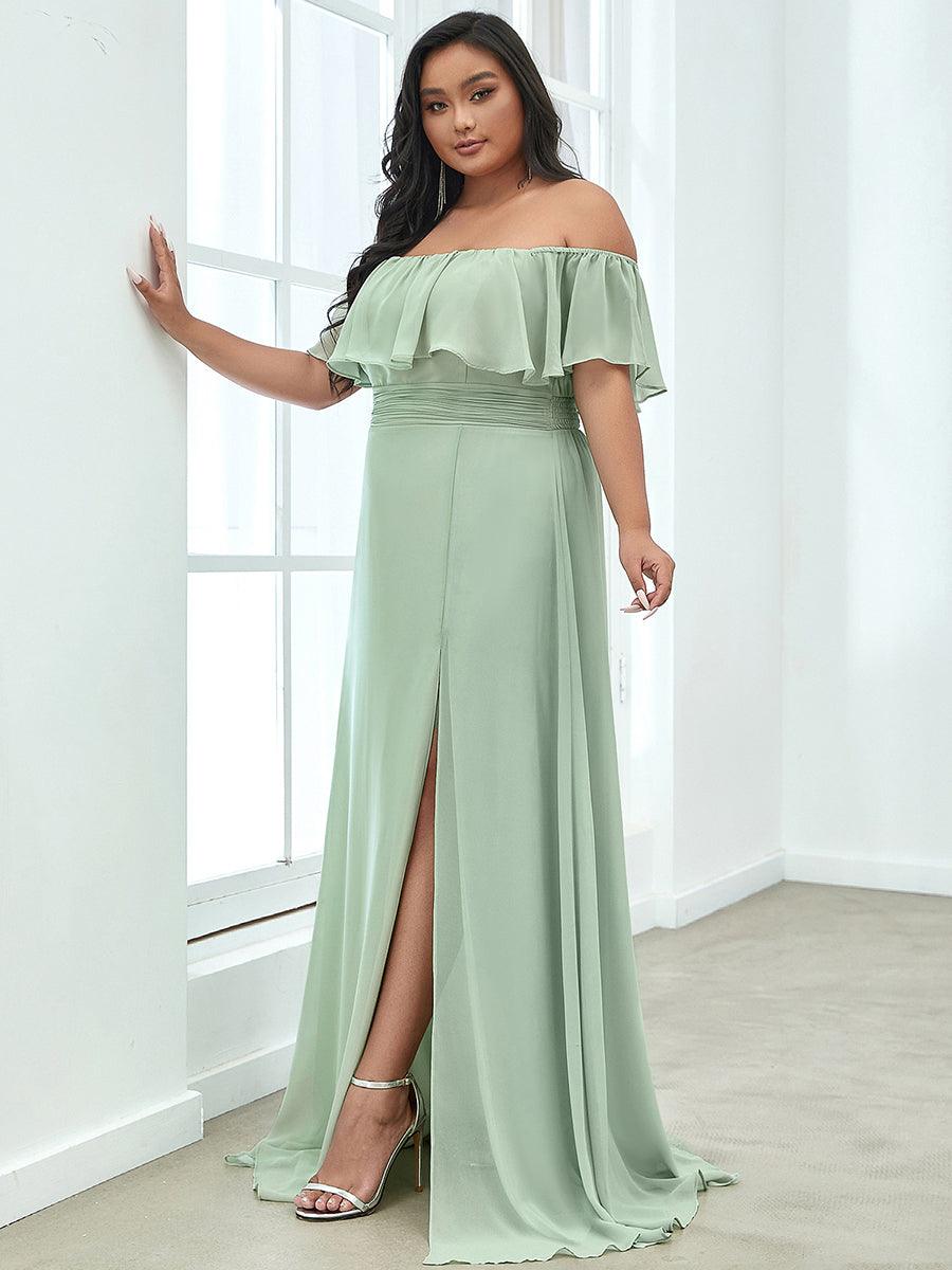 Robe de soirée grande taille à volants et épaules dénudéess #Couleur_Menthe Verte