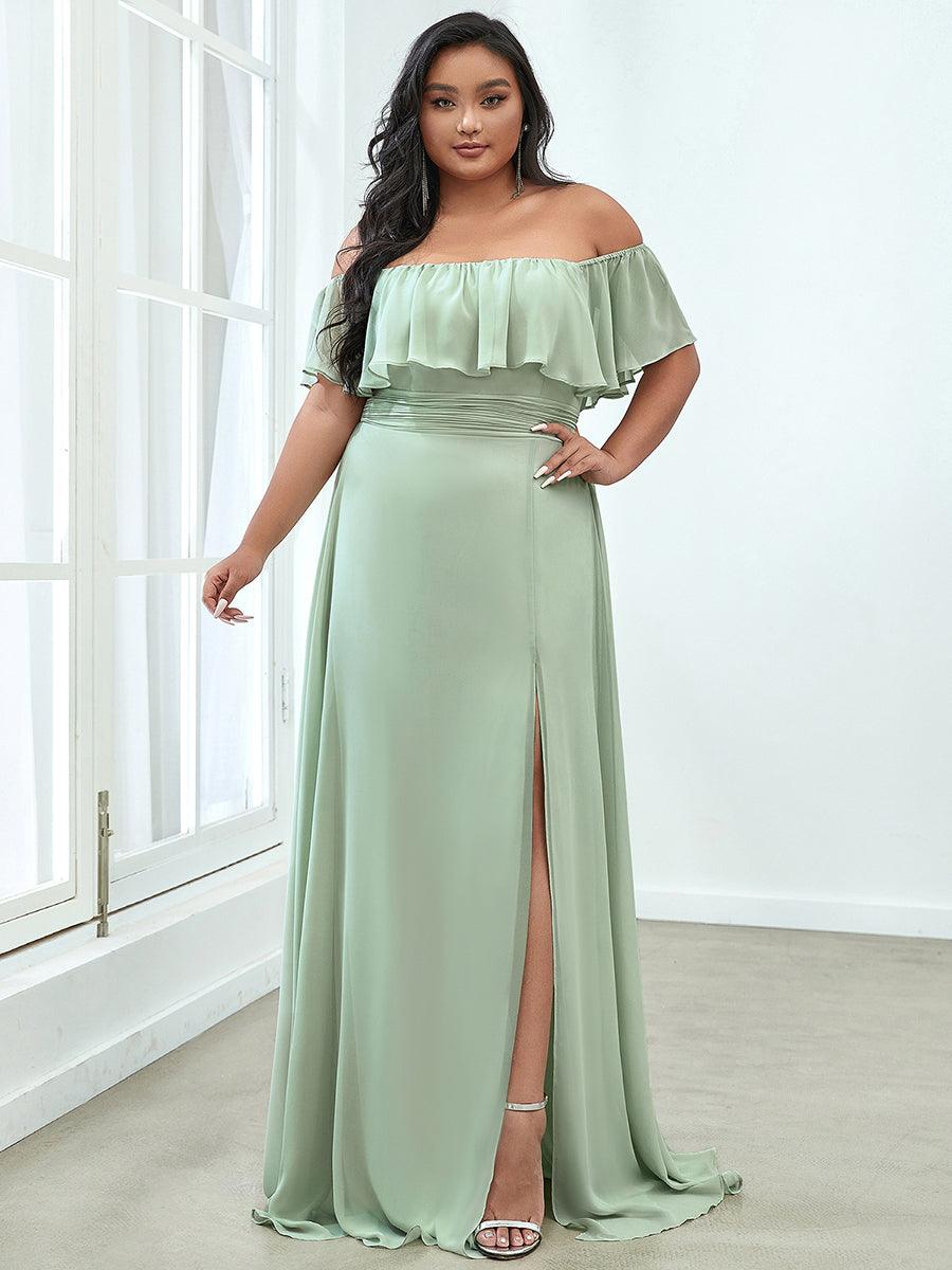 Robe de soirée grande taille à volants et épaules dénudéess #Couleur_Menthe Verte