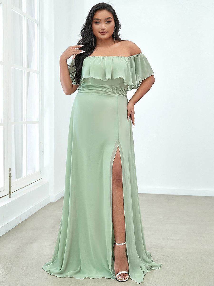 Robe de soirée grande taille à volants et épaules dénudéess #Couleur_Menthe Verte