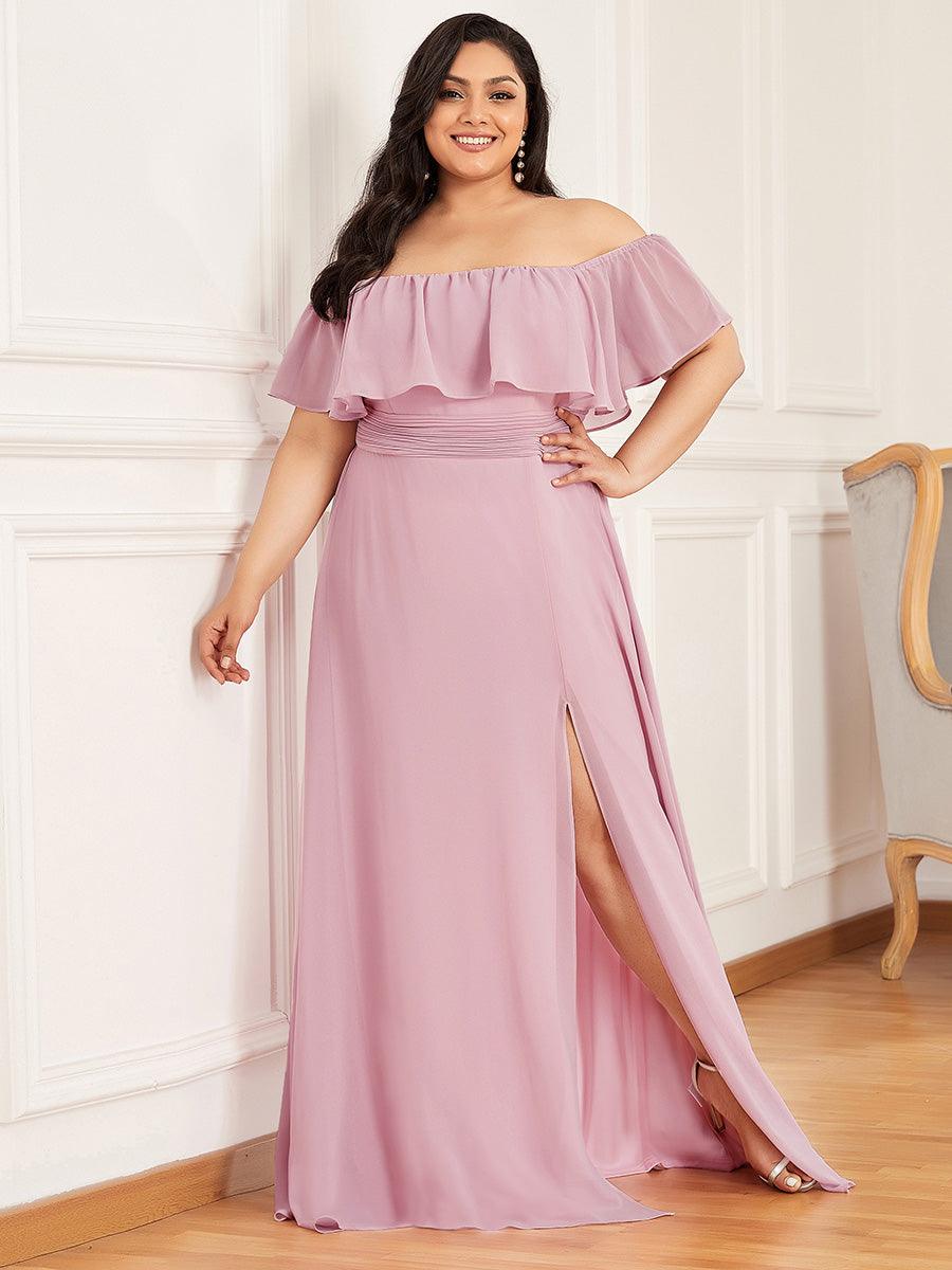 Grande talle Robe de demoiselle d'honneur à volants et épaules dénudées #Couleur_Mauve