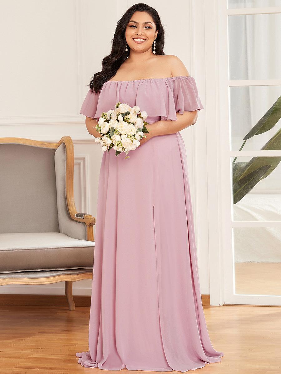 Grande talle Robe de demoiselle d'honneur à volants et épaules dénudées #Couleur_Mauve