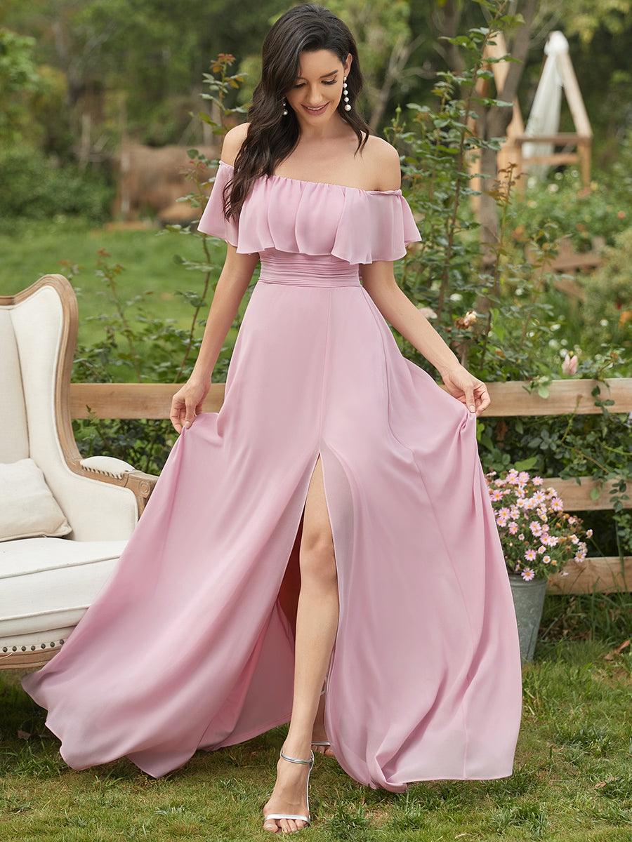 Robes de soirée Longue Fendue à épaules Dénudées à Volants #Couleur_Mauve