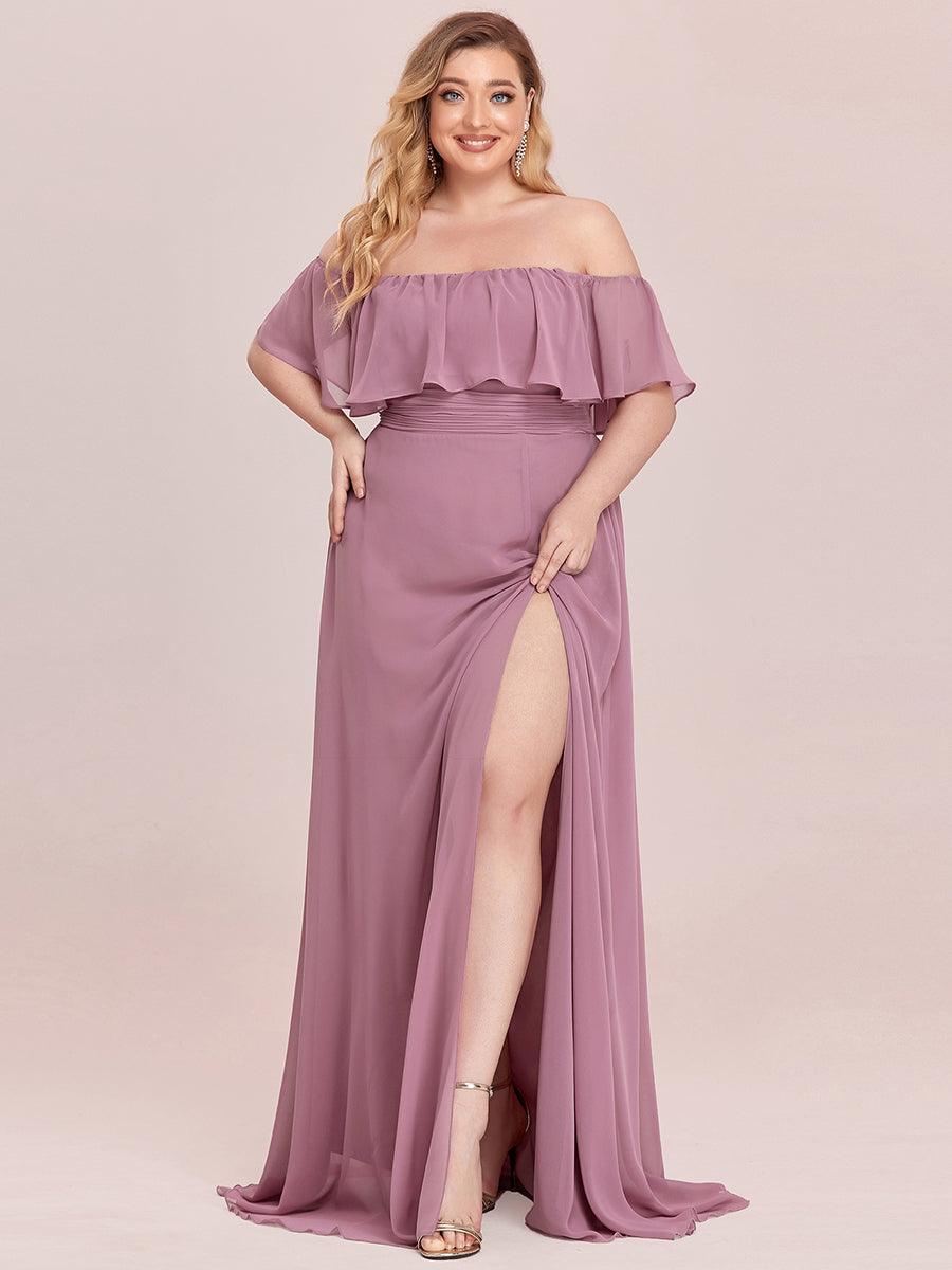 Robe de soirée grande taille à volants et épaules dénudéess #Couleur_Orchidee