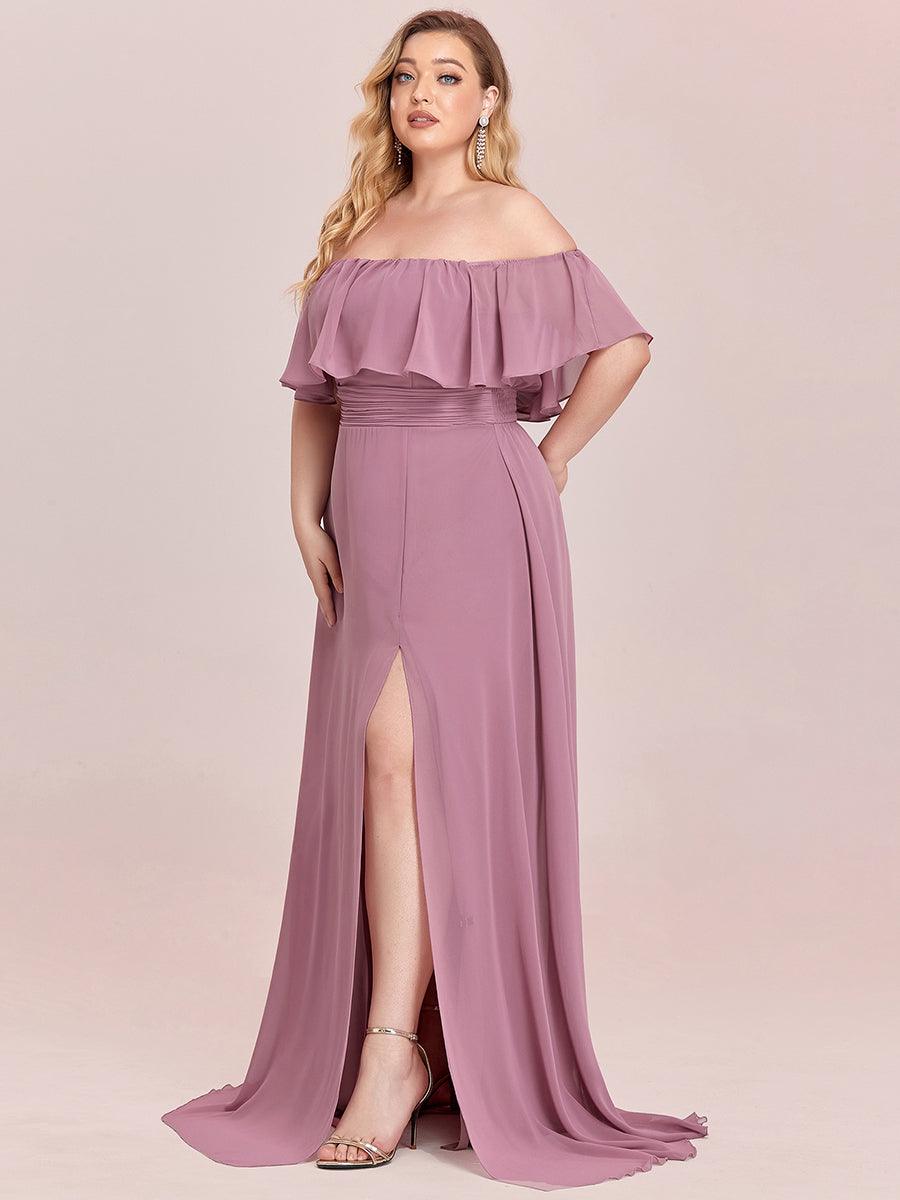 Robe de soirée grande taille à volants et épaules dénudéess #Couleur_Orchidee