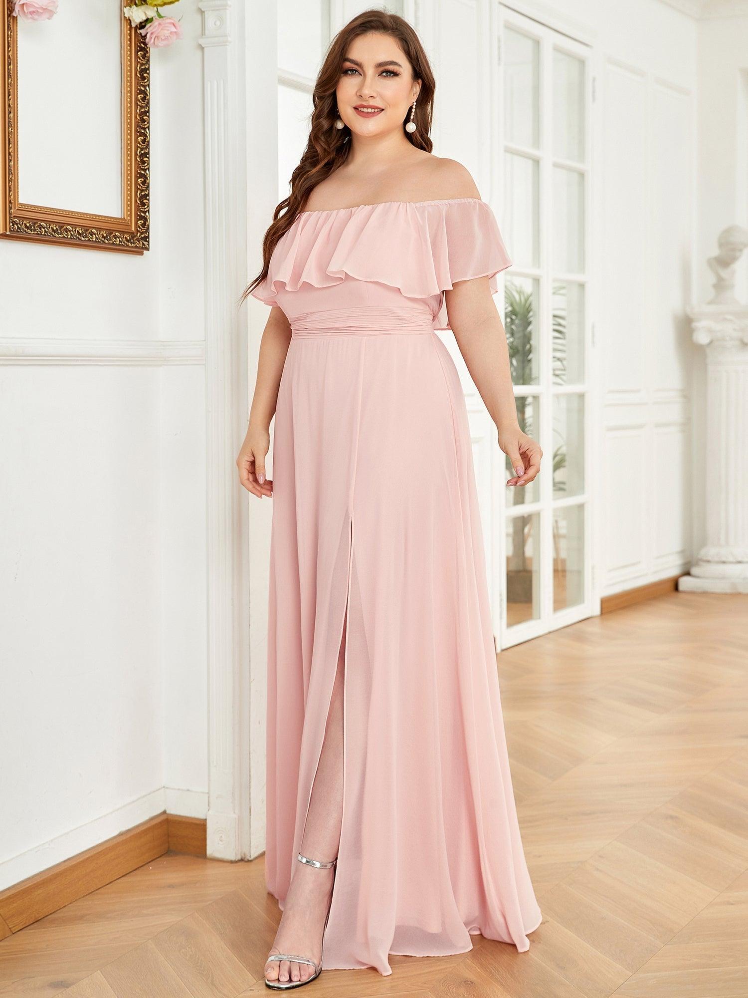 Robe de soirée grande taille à volants et épaules dénudéess #Couleur_Rose