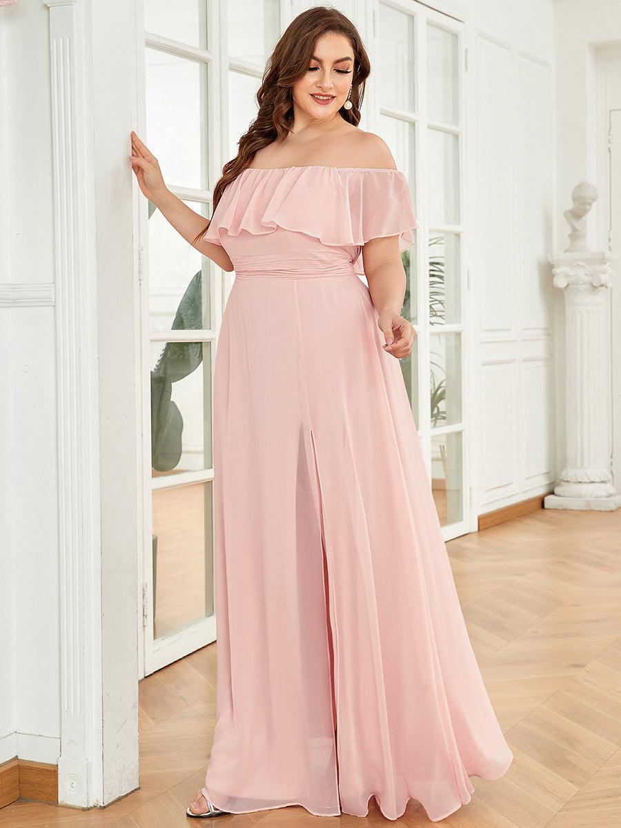 Robe de soirée grande taille à volants et épaules dénudéess #Couleur_Rose