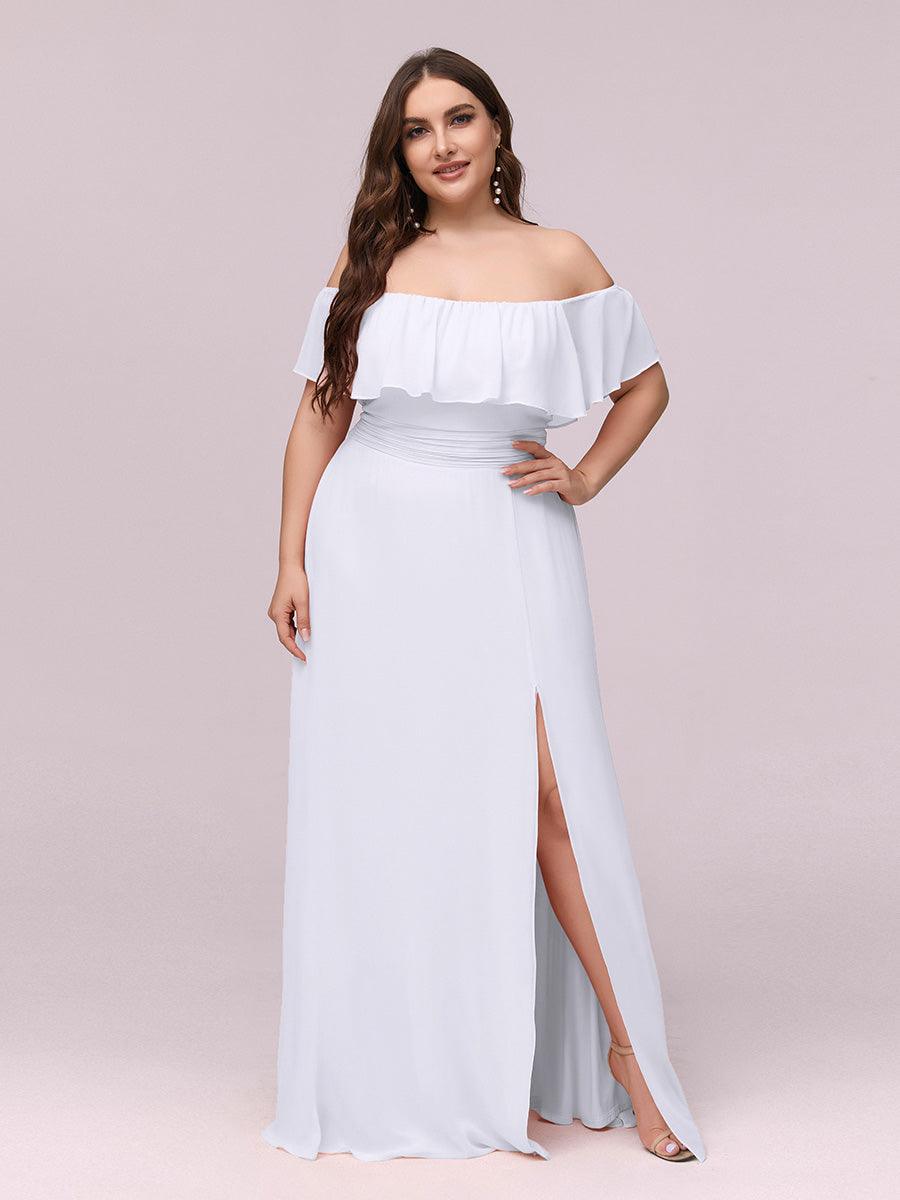 Robe de soirée grande taille à volants et épaules dénudéess #Couleur_Blanc