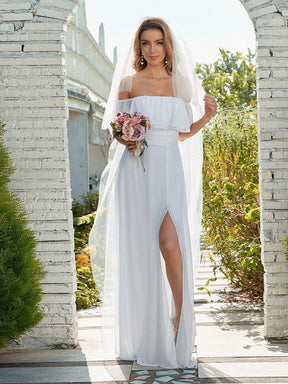 Robe de mariée en mousseline unie à épaule dégagée avec fente latérale