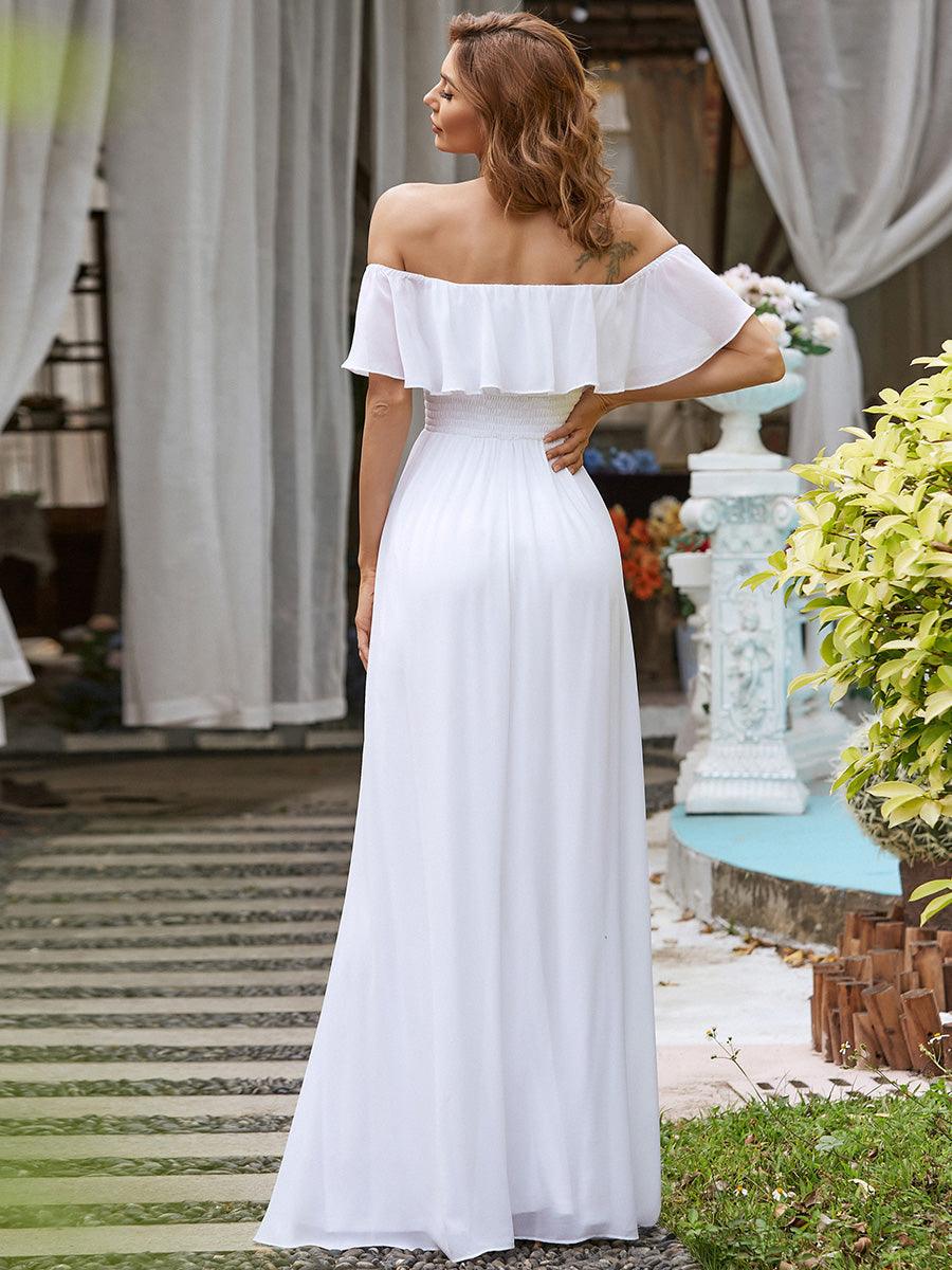 Robe de mariée en mousseline unie à épaule dégagée avec fente latérale #Couleur_Blanc