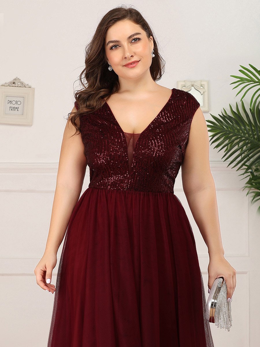 Robe de Soirée Longue Grande Taille à Paillettes et Col en V Profond