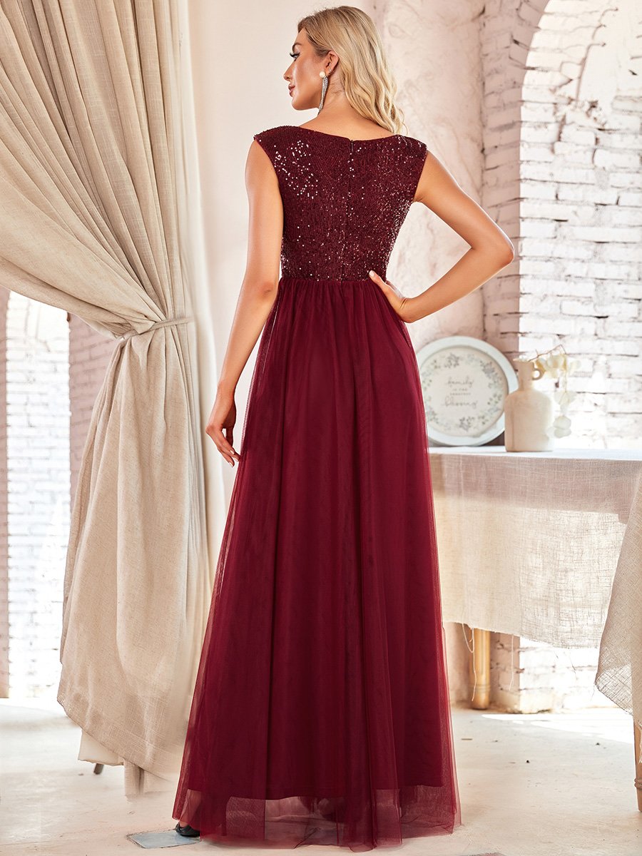 Robe de Soirée Longue à Paillettes et Col en V Profond #Couleur_Bordeaux