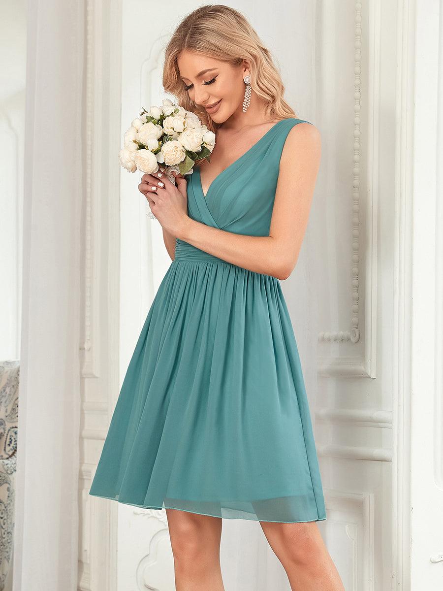 Taille personnalisée Robes de Demoiselle D'Honneur élégante Mi-Longue Chiffon à Col V #Couleur_Bleu Fume