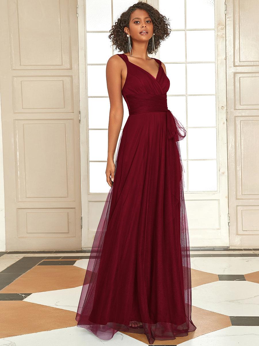 Robes De Demoiselle D'Honneur Maxi En Tulle à Col En V #Couleur_Bordeaux