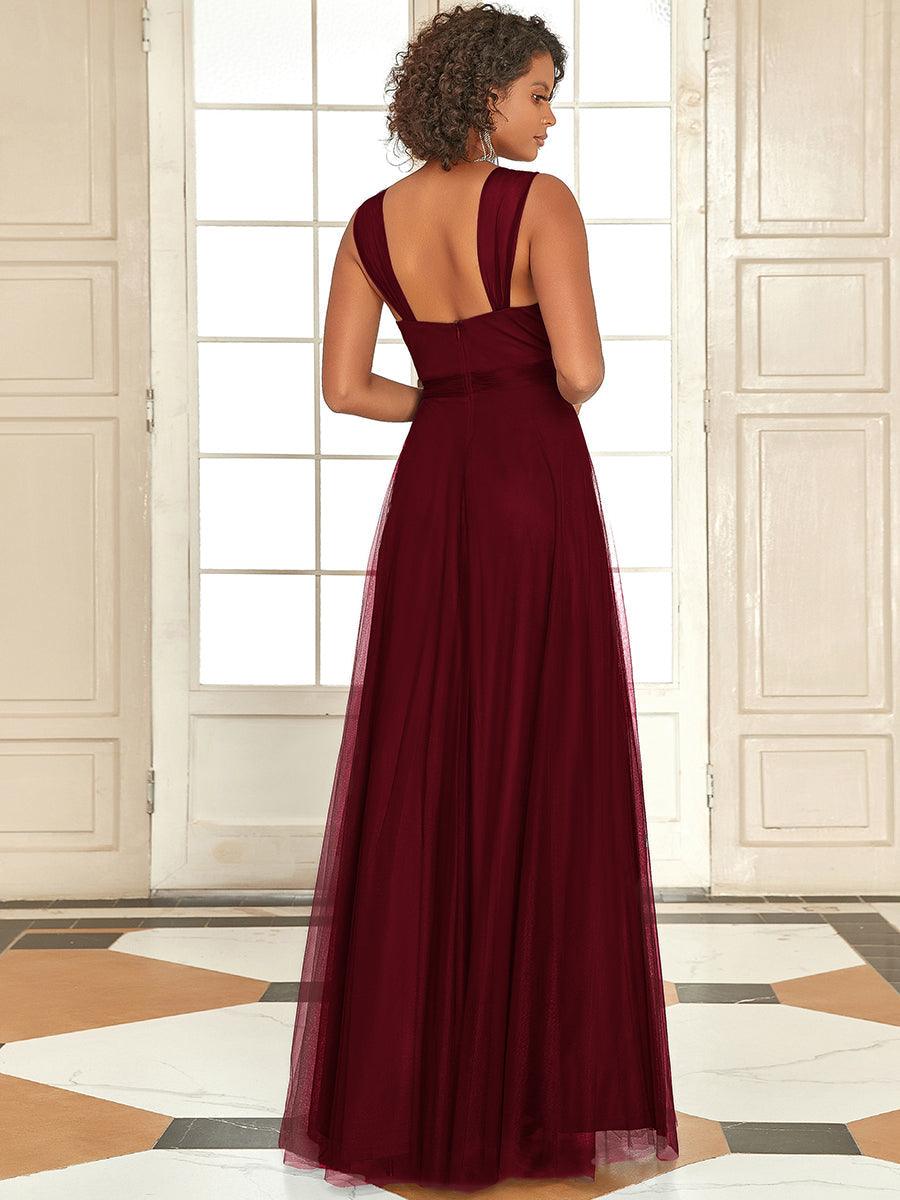 Robes De Demoiselle D'Honneur Maxi En Tulle à Col En V #Couleur_Bordeaux