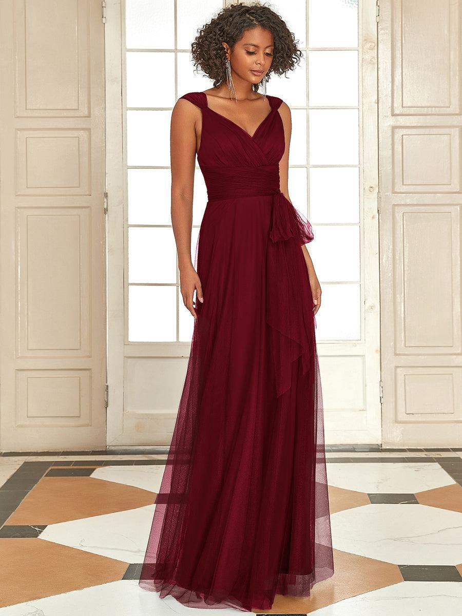 Robes De Demoiselle D'Honneur Maxi En Tulle à Col En V #Couleur_Bordeaux