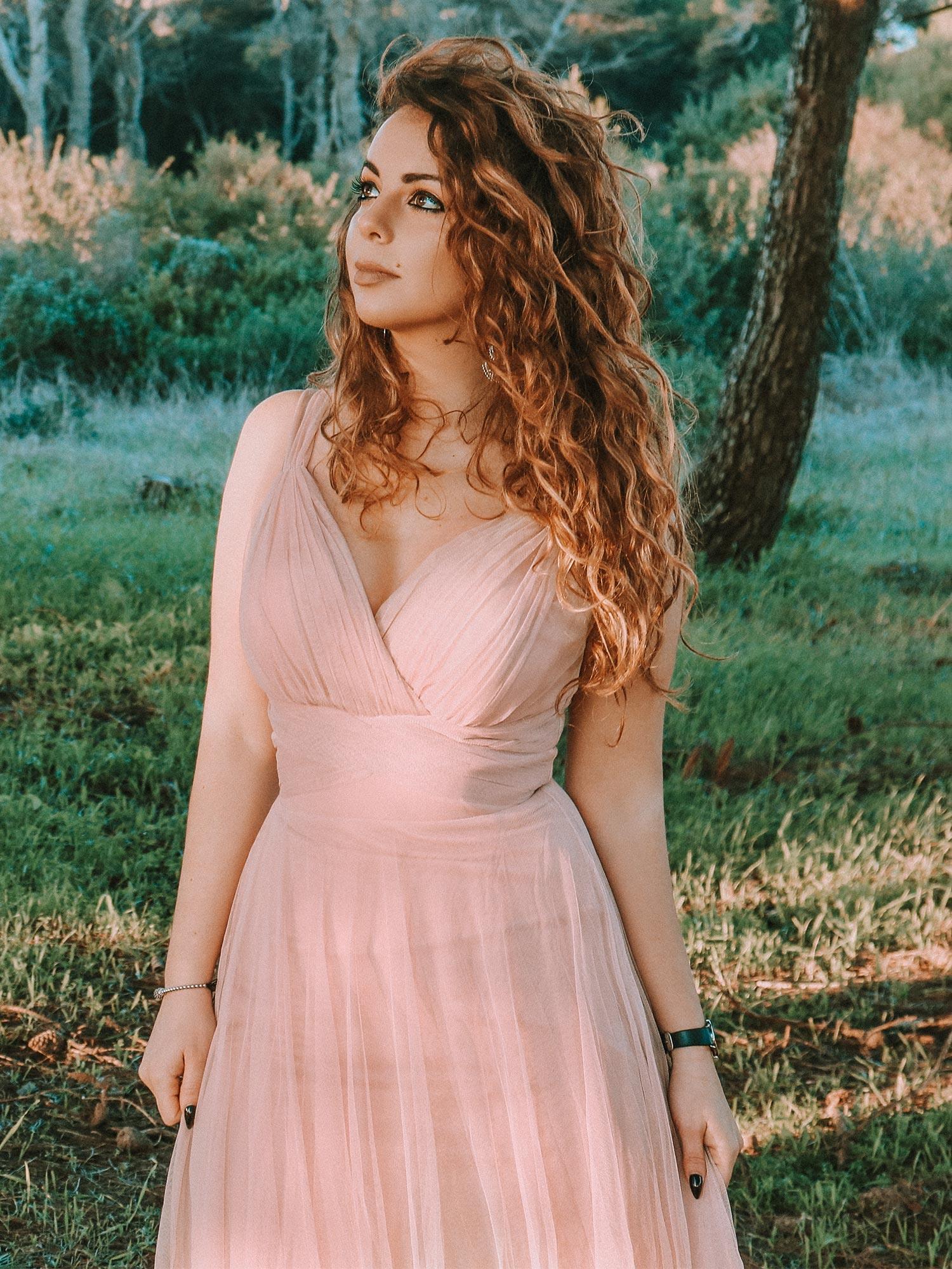 Robes De Demoiselle D'Honneur Maxi En Tulle à Col En V #Couleur_Blush