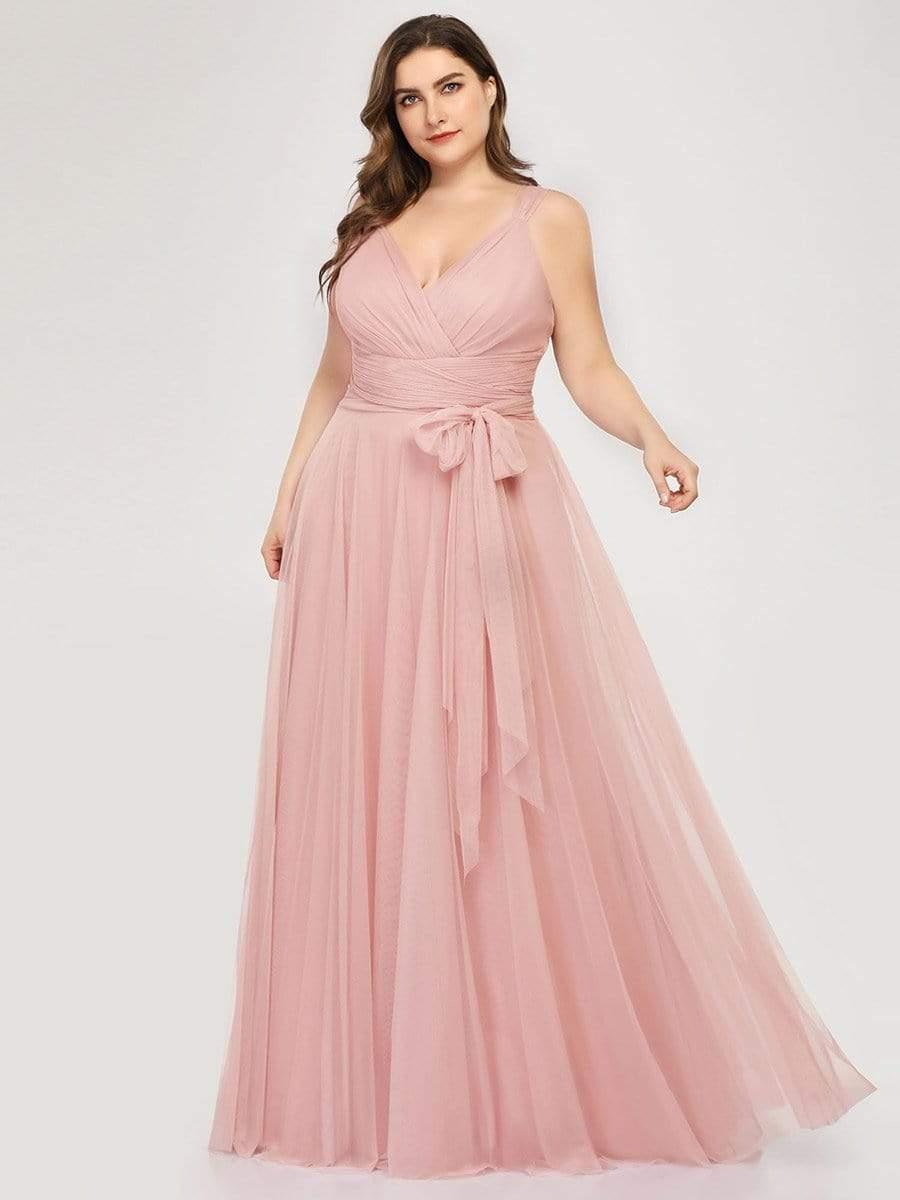Robes De Demoiselle D'Honneur Maxi En Tulle à Col En V #Couleur_Blush