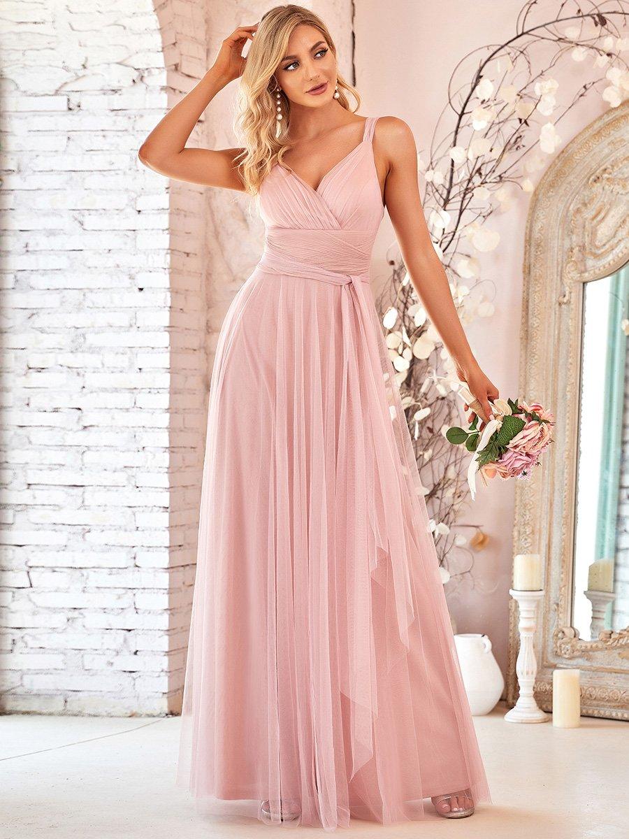Robes De Demoiselle D'Honneur Maxi En Tulle à Col En V #Couleur_Blush