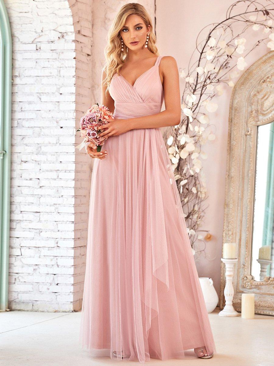 Robes De Demoiselle D'Honneur Maxi En Tulle à Col En V #Couleur_Blush