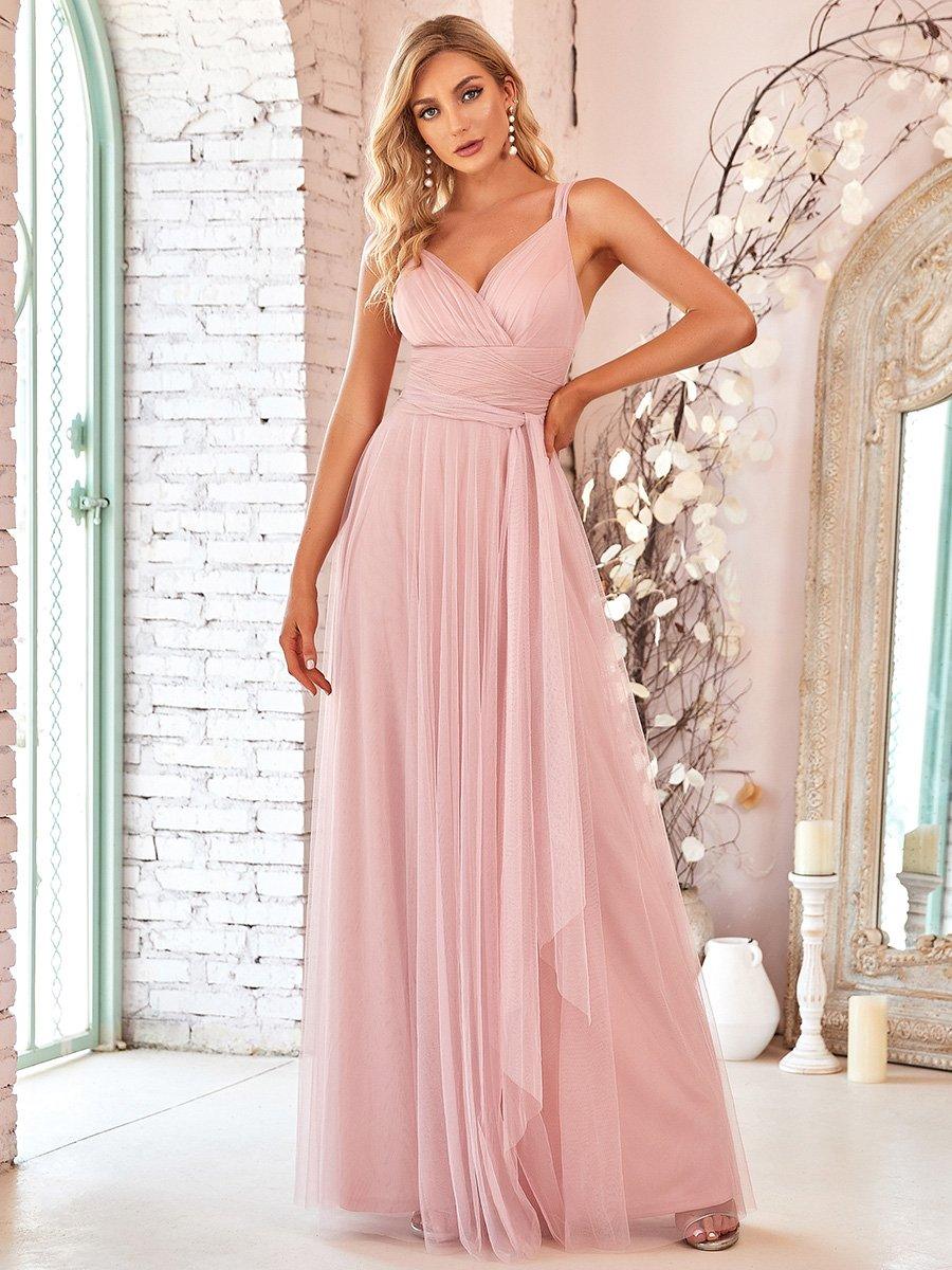 Robes De Demoiselle D'Honneur Maxi En Tulle à Col En V #Couleur_Blush