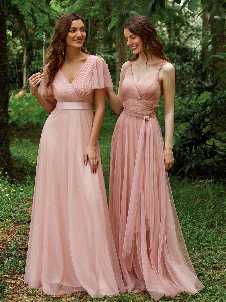 Robes De Demoiselle D'Honneur Maxi En Tulle à Col En V #Couleur_Blush