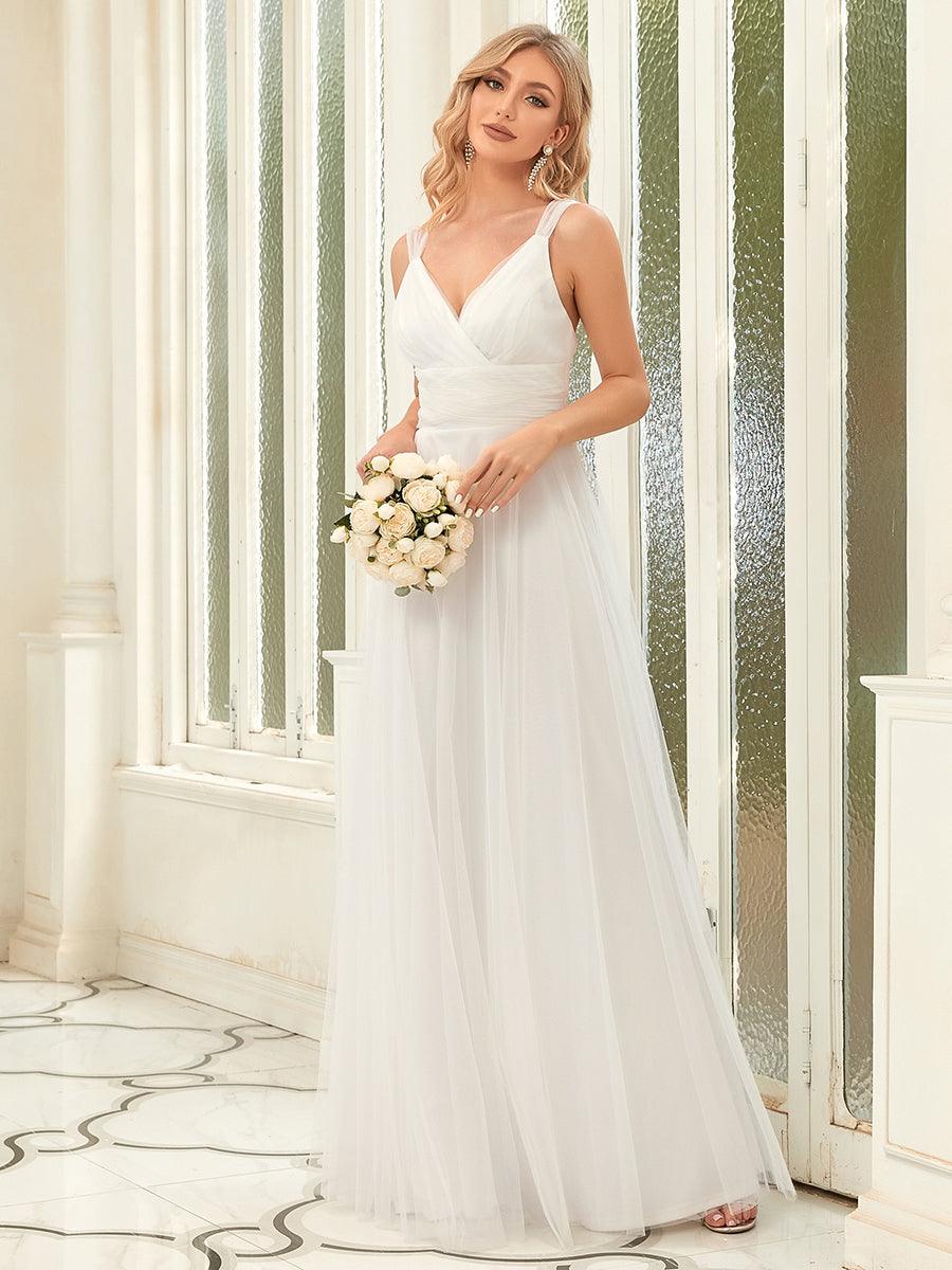 Robes De Demoiselle D'Honneur Maxi En Tulle à Col En V #Couleur_Creme