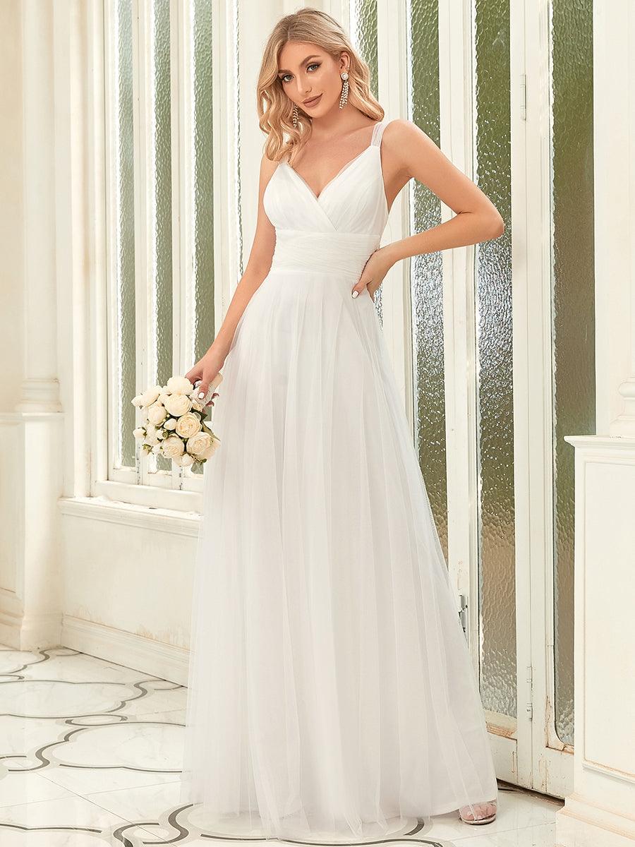 Robes De Demoiselle D'Honneur Maxi En Tulle à Col En V #Couleur_Creme