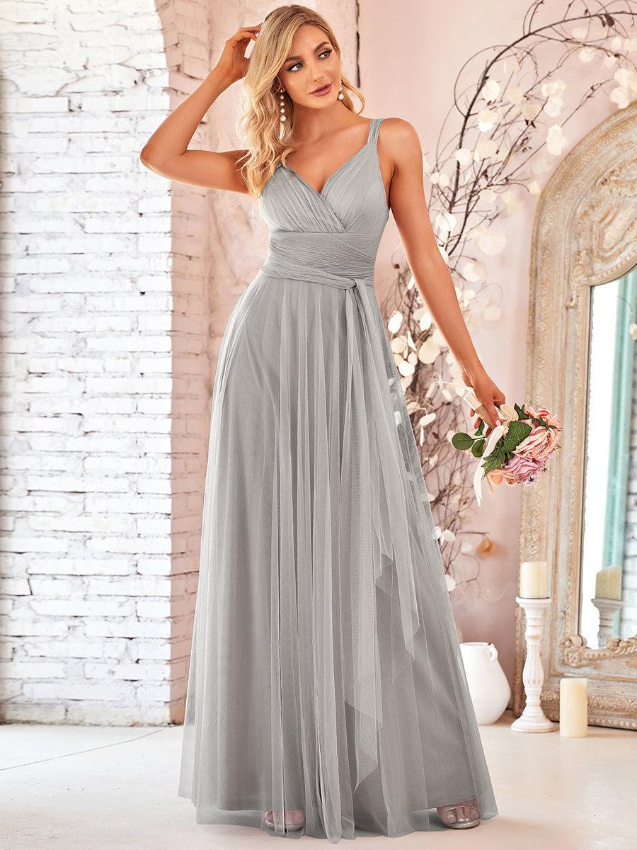 Robes De Demoiselle D'Honneur Maxi En Tulle à Col En V #Couleur_Gris