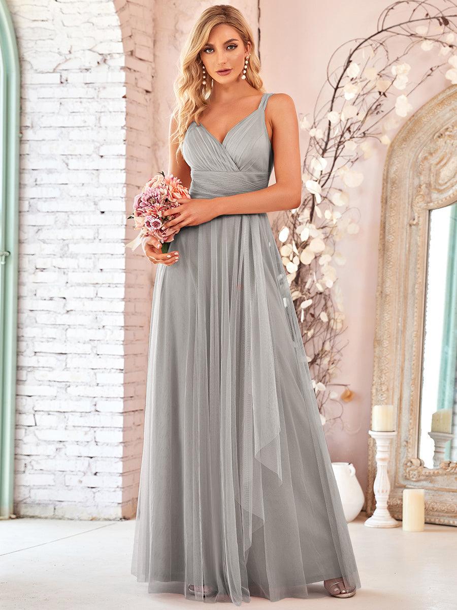 Robes De Demoiselle D'Honneur Maxi En Tulle à Col En V #Couleur_Gris