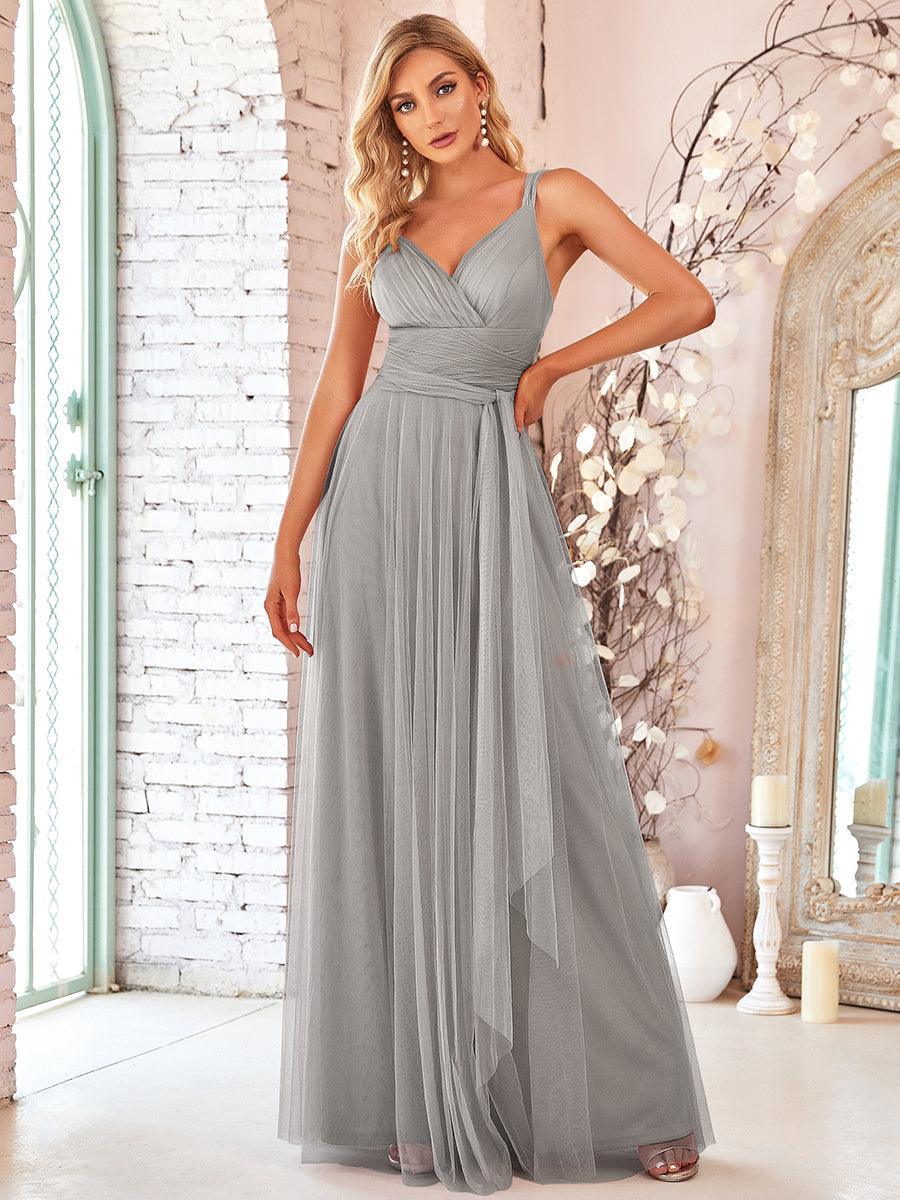 Robes De Demoiselle D'Honneur Maxi En Tulle à Col En V #Couleur_Gris