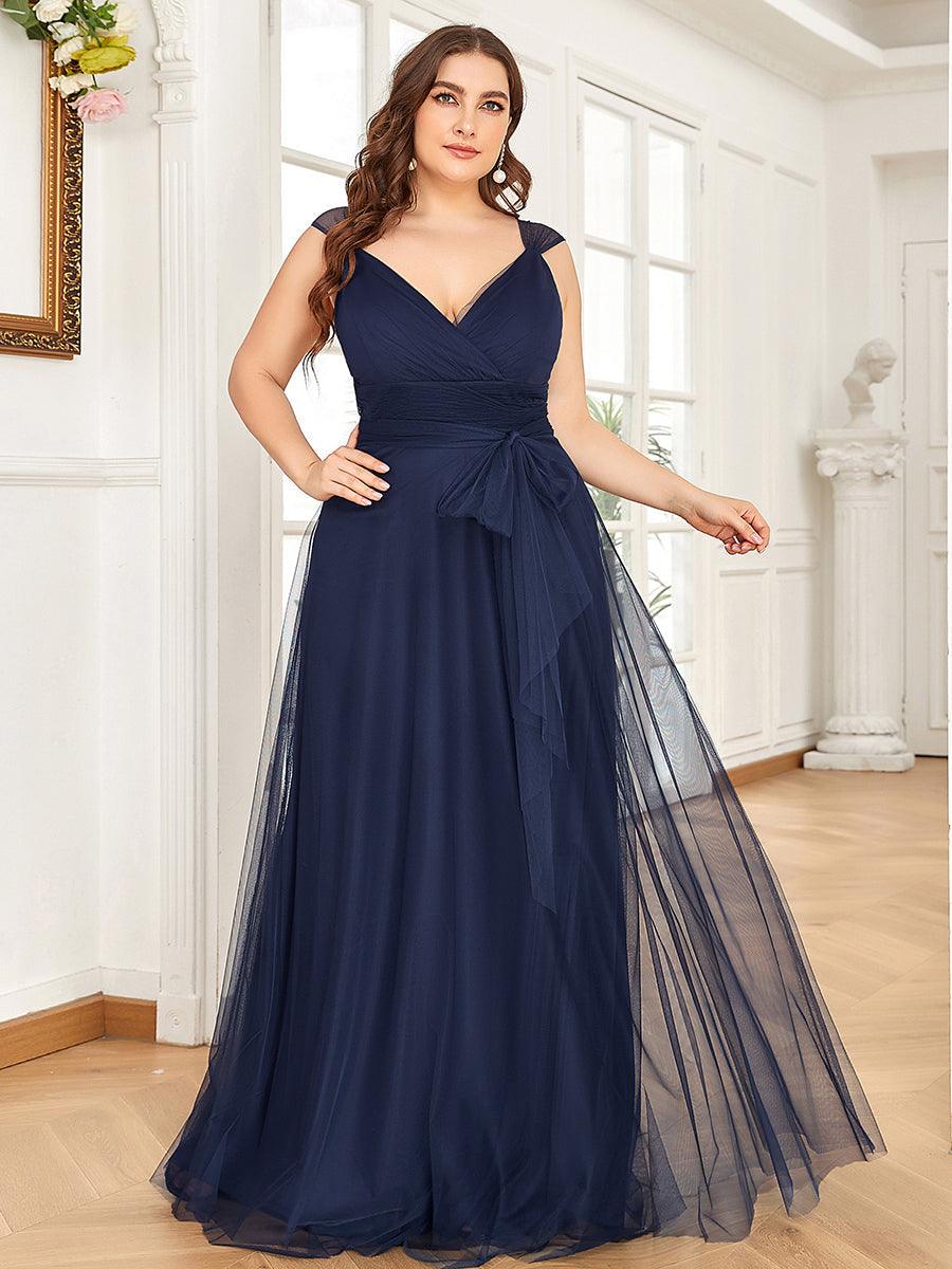 Robes De Demoiselle D'Honneur Maxi En Tulle à Col En V #Couleur_Bleu Marine