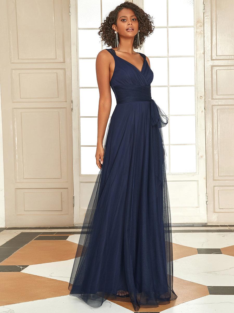 Robes De Demoiselle D'Honneur Maxi En Tulle à Col En V #Couleur_Bleu Marine