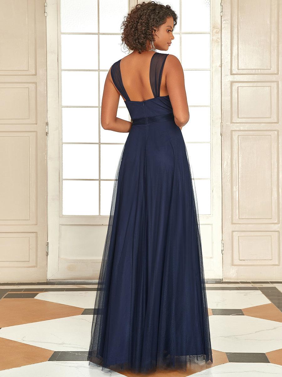 Robes De Demoiselle D'Honneur Maxi En Tulle à Col En V #Couleur_Bleu Marine