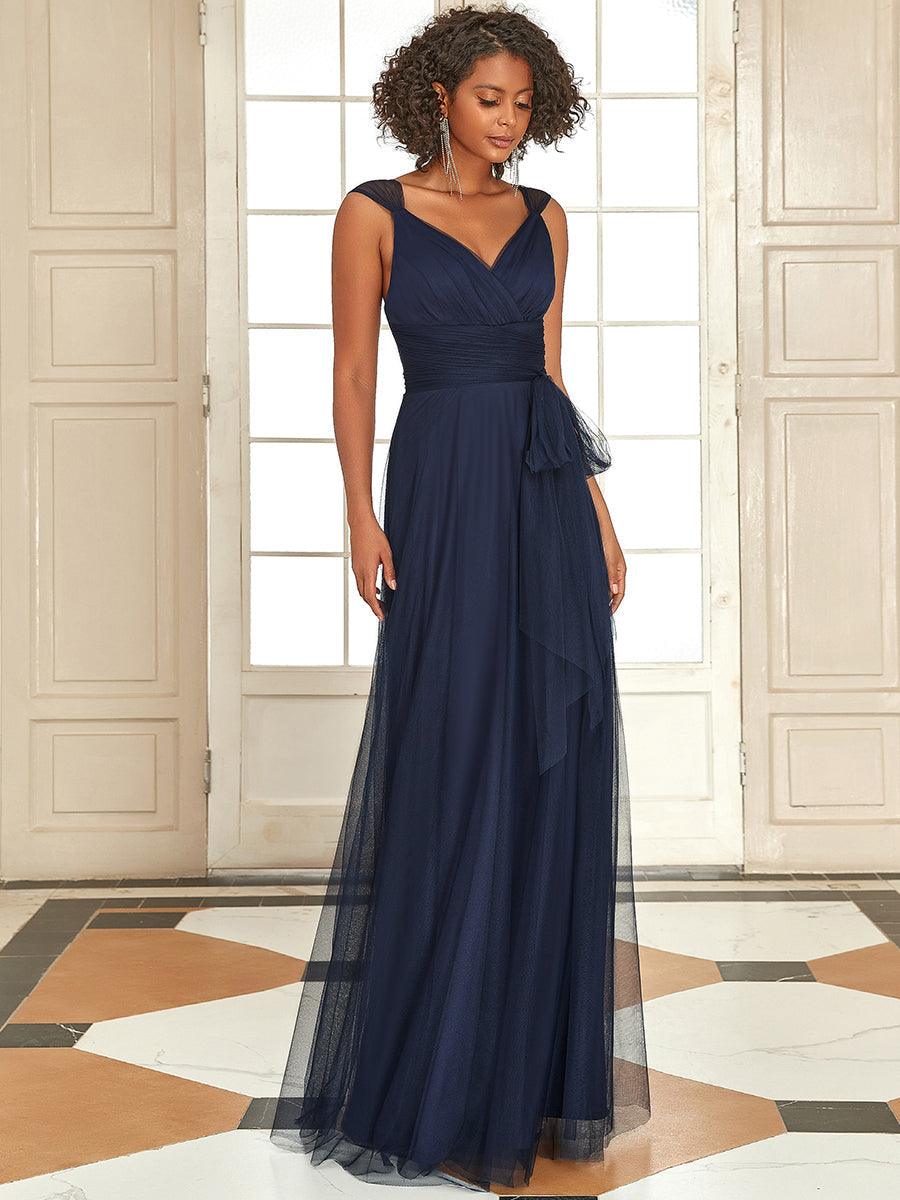 Robes De Demoiselle D'Honneur Maxi En Tulle à Col En V #Couleur_Bleu Marine