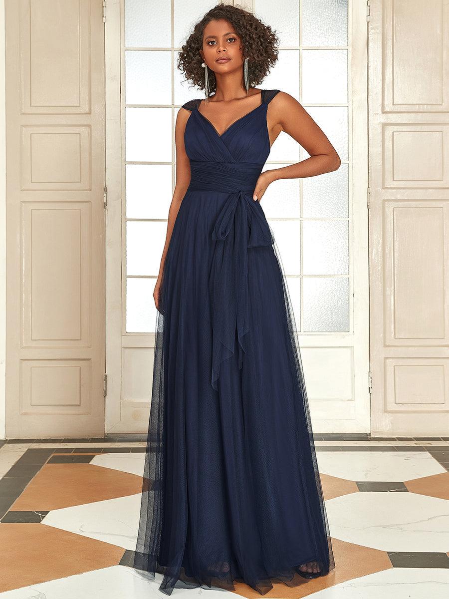 Robes De Demoiselle D'Honneur Maxi En Tulle à Col En V #Couleur_Bleu Marine