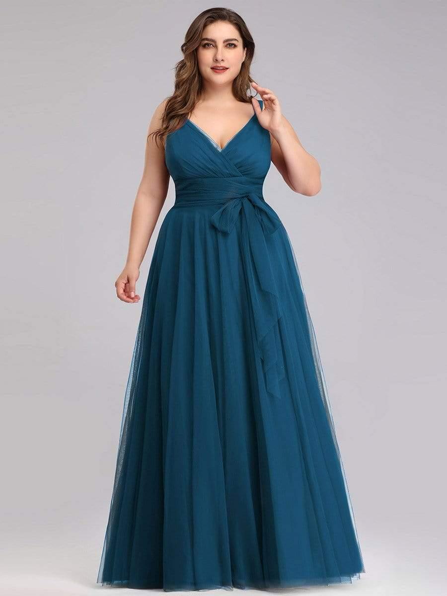 Robes De Demoiselle D'Honneur Maxi En Tulle à Col En V #Couleur_Bleu Sarcelle